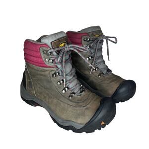 KEEN Womens 8.5 Boots Revel II Leather Mid Hiking Grey Red Insulated Waterproof